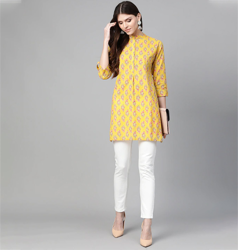 Women Mustard Yellow & Pink Floral Print Tunic